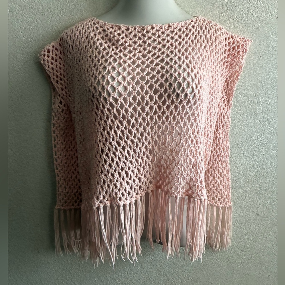 Pink Fringe Knit Sweater Poncho OS - Picture 4 of 8
